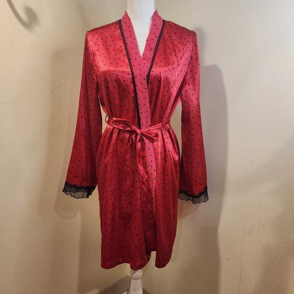 California Dinasty Red and Black Satin Polka Dot  Robe with Tie Belt Size S
